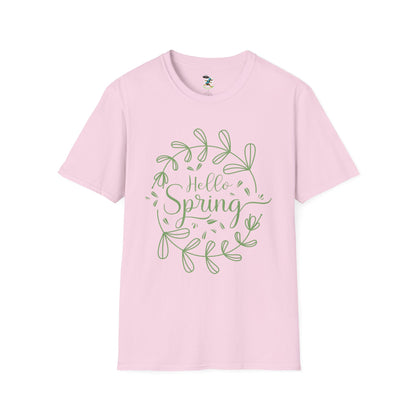 Hello Spring T‑Shirt – Green Wreath Floral Springtime Tee