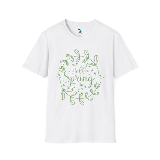 Hello Spring T‑Shirt – Green Wreath Floral Springtime Tee