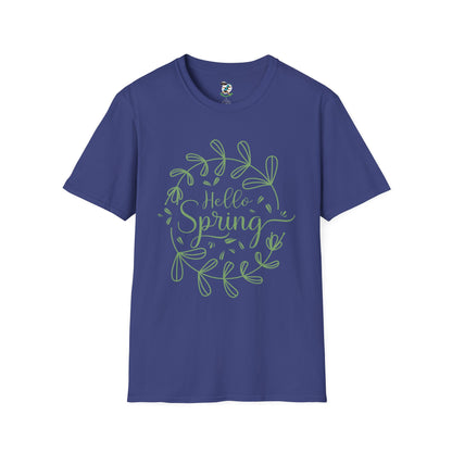 Hello Spring T‑Shirt – Green Wreath Floral Springtime Tee