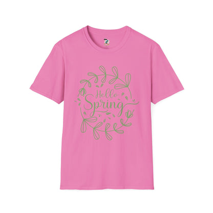 Hello Spring T‑Shirt – Green Wreath Floral Springtime Tee