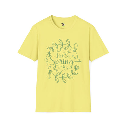 Hello Spring T‑Shirt – Green Wreath Floral Springtime Tee