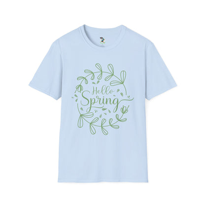 Hello Spring T‑Shirt – Green Wreath Floral Springtime Tee