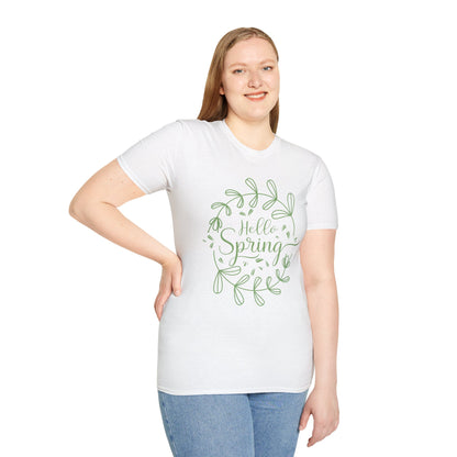 Hello Spring T‑Shirt – Green Wreath Floral Springtime Tee