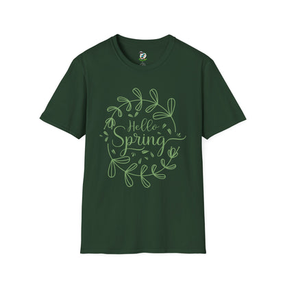 Hello Spring T‑Shirt – Green Wreath Floral Springtime Tee